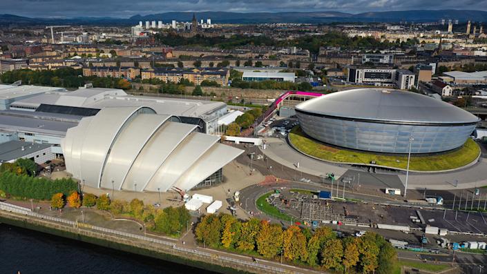O Scottish Event Campus em Glasgow, Escócia, onde será realizada a Cúpula do Clima das Nações Unidas. 