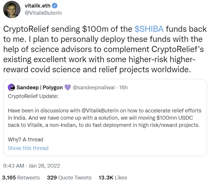 Vitalik Buterin usa US$ 100 milhões em fundos SHIB da Crypto Relief para acelerar os esforços de ajuda ao Covid na Índia