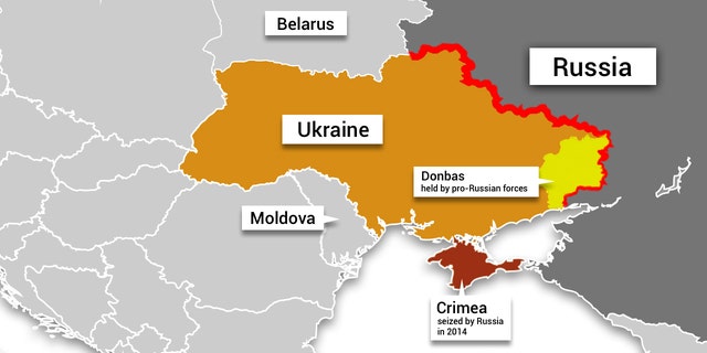 Mapa representando Ucrânia, Rússia, Crimeia, região de Donbass controlada por forças pró-Rússia e países vizinhos.  Ian Jobson, Fox Digital