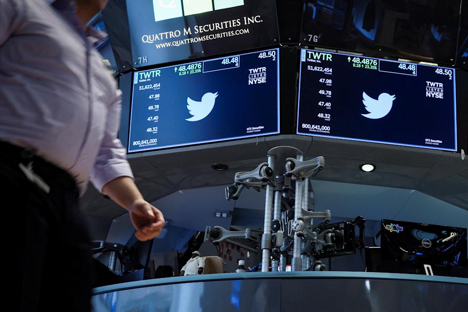 As telas exibem as informações de negociação do Twitter no pregão da Bolsa de Valores de Nova York (NYSE) em Nova York, EUA, 4 de abril de 2022. REUTERS/Brendan McDermid