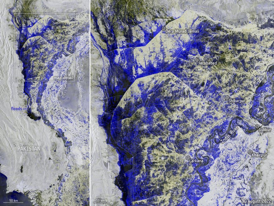 Dados capturados pelo satélite Copernicus da Agência Espacial Européia em 30 de agosto foram usados ​​para mapear a extensão das inundações que atualmente devastam o Paquistão.