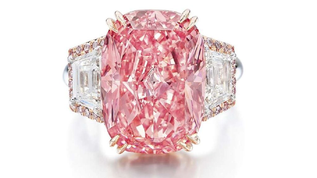 In this undated photo released by Sotheby's, The Williamson Pink Star is seen. The pink diamond was auctioned off at $49.9 million in Hong Kong on Friday, setting a world record for the highest price per carat for a diamond sold at auction.